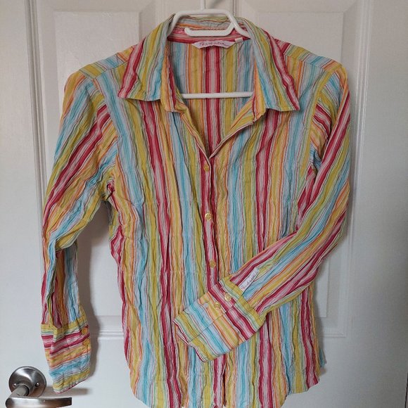 Point Zero Tops - Vintage Point Zero Colorful Stripped Wrinkled Cotton Shirt, Size S